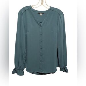 {T Tahari} Teal V-Neck Long Sleeve Button Down Blouse